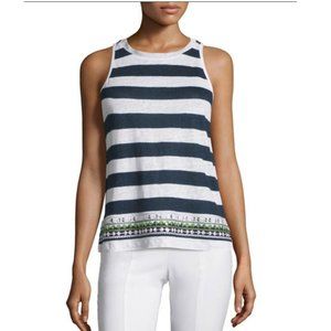 Tory Burch Striped Linen Tank Top with Embellished Hem, Size XL
